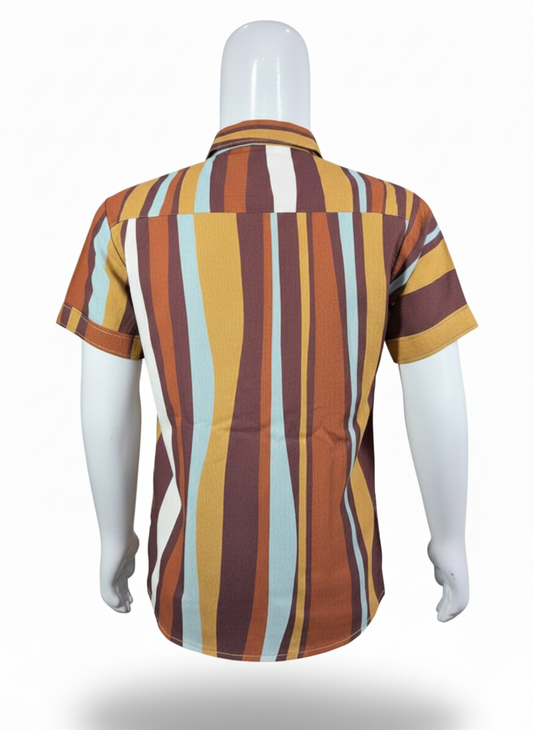 Kid’s Multicolor Striped Casual Shirt – Short Sleeve Button Down – Summer Cotton Blend – Trendy Slim Fit – Brown & White – China Fabric – YZ Clothing Brand